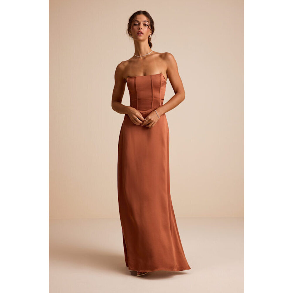 Lulus Extraordinary Presence Rust Brown Satin Strapless Maxi Dress - Size L